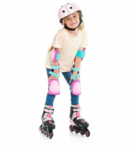 Pink Moltó elbow and knee protectors set for cycling, with six protective pads and adjustable straps for sport and outdoor activities.