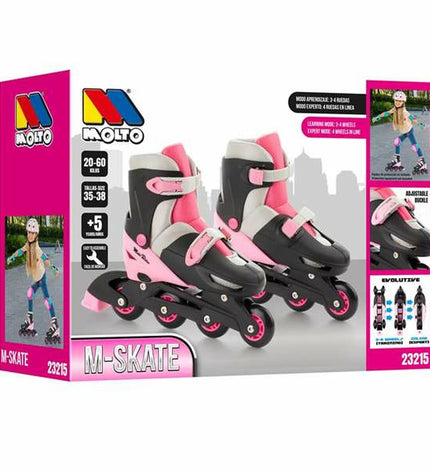 Pink Moltó adjustable inline skates for kids in size 35-38, featuring supportive straps and wheels for outdoor play.