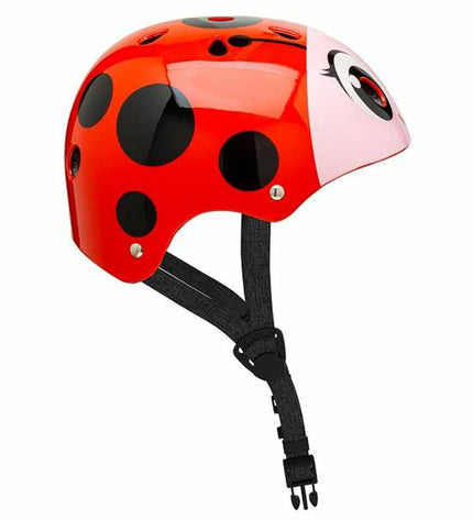 Red children's bike helmet by Moltó with ladybug design, suitable for outdoor cycling, measuring 26 x 21 x 16.5 cm.