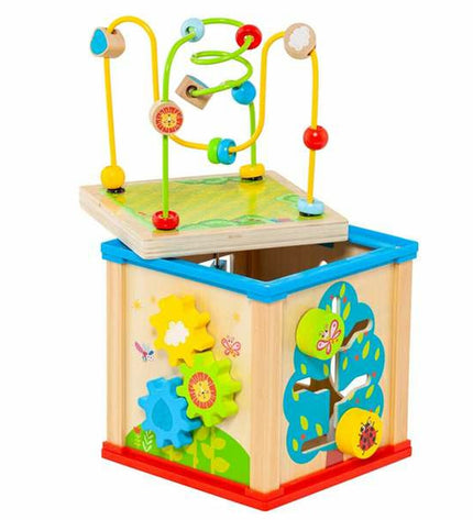 Colorful Moltó activity center Kubus with five wooden toys for babies and young children, featuring various engaging play elements.