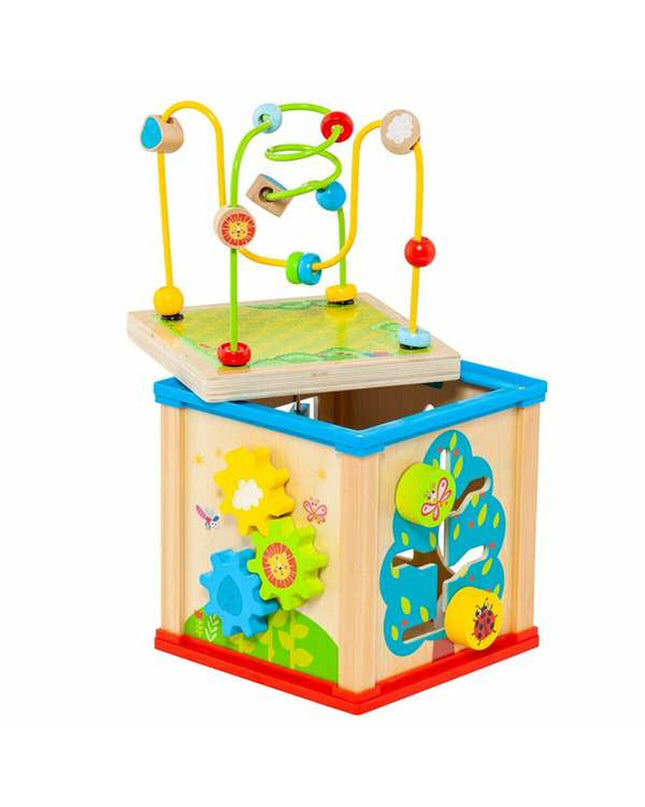 Colorful Moltó activity center Kubus with five wooden toys for babies and young children, featuring various engaging play elements.