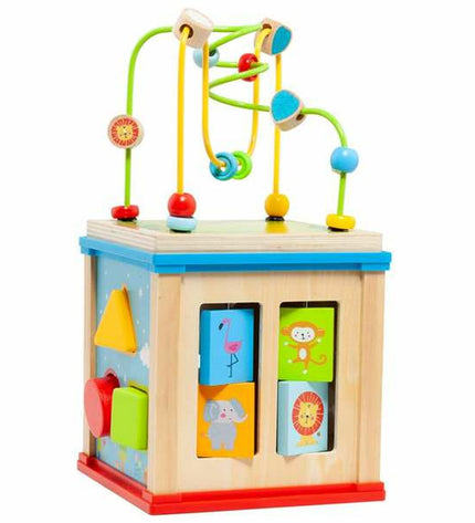 Colorful Moltó Baby Activity Center Kubus with five engaging wooden toy parts for young children to explore and play.