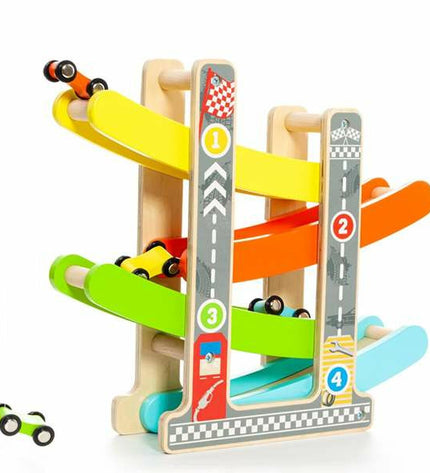 Wooden race track with ramps for toy cars by Moltó, featuring colorful wooden tracks and climbing sections.