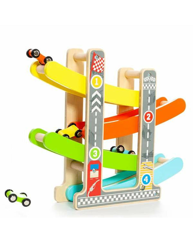 Wooden race track with ramps for toy cars by Moltó, featuring colorful wooden tracks and climbing sections.