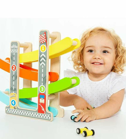 Moltó houten racebaan with hills for toy cars, colorful wooden track designed for children's racing play.