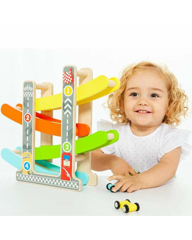 Moltó houten racebaan with hills for toy cars, colorful wooden track designed for children's racing play.