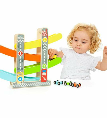 Wooden race track with ramps for toy cars by Moltó, featuring colorful wooden construction and multiple racing levels.