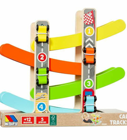 Wooden race track with ramps and cars by Moltó, featuring a colorful toy racing set for children.