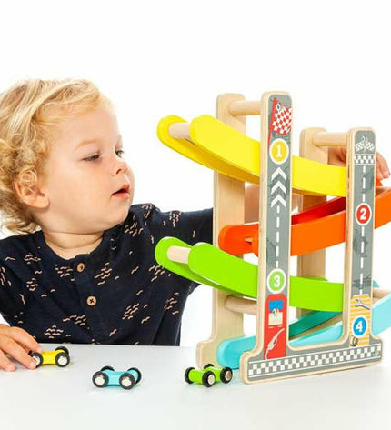 Wooden race track with ramps for toy cars by Moltó, featuring colorful hilly sections and a playful design for children.