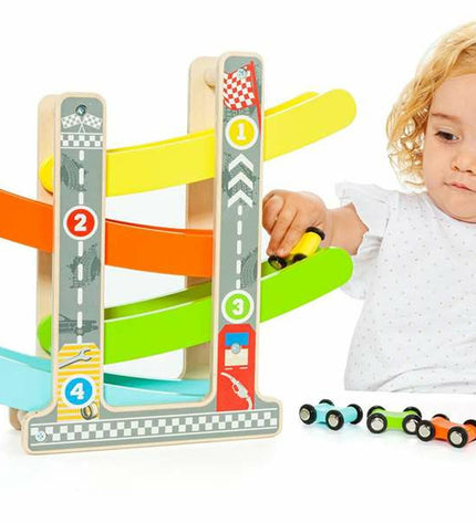 Houten racebaan met hellingen voor auto's, Moltó speelgoed en games, kleurrijk en geschikt voor kinderen.