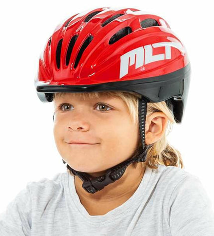 Red Moltó Kinder bike helmet for sports and outdoor riding, with adjustable straps and ventilation, designed for children's safety.