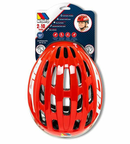 Red Moltó Kinder fietshelm for outdoor sports and cycling, featuring a secure strap and ventilation holes.