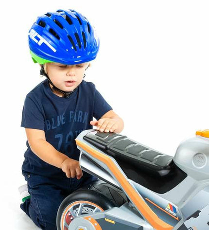 Blue Moltó Kinder bike helmet for children aged 48-53 cm, designed for sport and outdoor cycling activities.