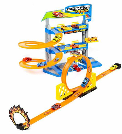 Two Moltó Racebaan Moltó Parking Ultimate toy cars on a play track, part of a vehicle toy set for children.