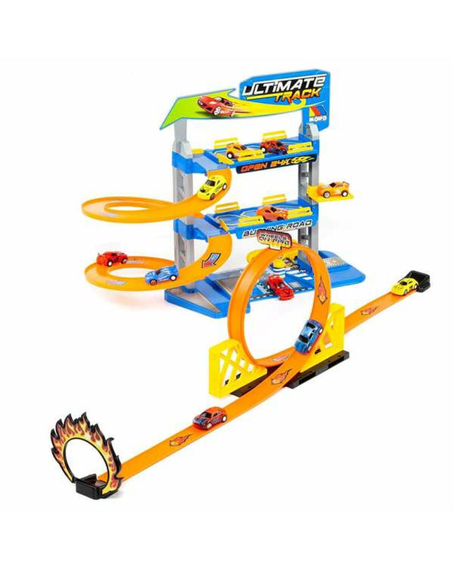 Two Moltó Racebaan Moltó Parking Ultimate toy cars on a play track, part of a vehicle toy set for children.