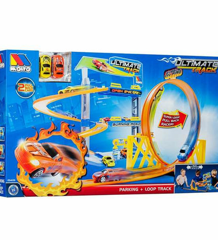Two Moltó Racebaan Moltó Parking Ultimate toy car parking ramps for children, featuring colorful vehicle lanes and play areas.