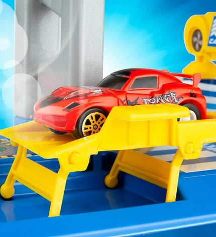 Two Moltó Racebaan Moltó Parking Ultimate toy car parking ramps with multiple levels and colorful vehicles.