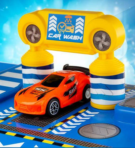 Two Moltó Racebaan Moltó Parking Ultimate toy car racing tracks with cars on a colorful play surface.
