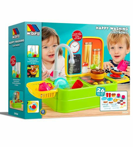 Moltó speelgoedkeuken with play pots, utensils, and pretend food, designed for children to imitate cooking activities.