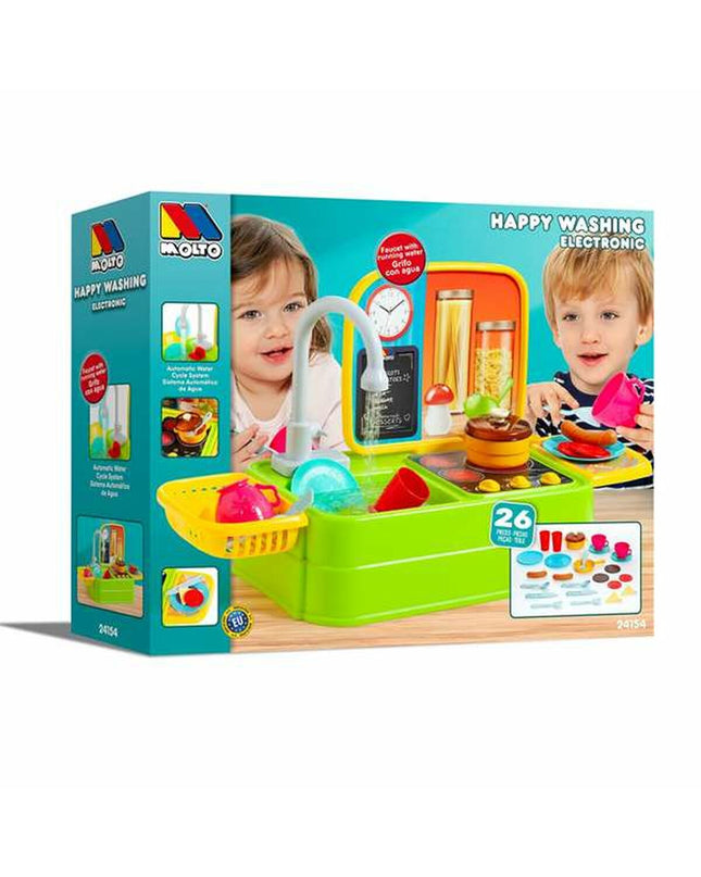 Moltó speelgoedkeuken with play pots, utensils, and pretend food, designed for children to imitate cooking activities.