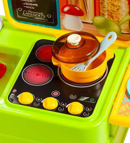 Moltó toy kitchen set with realistic stove, sink, and accessories for imaginative play in playful colors.