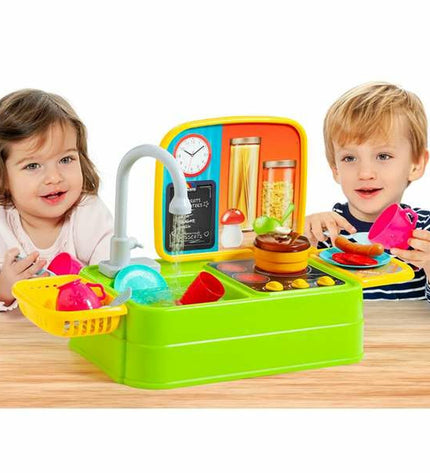 Plastic toy kitchen set by Moltó with colorful pretend appliances and utensils for children's imitative play.