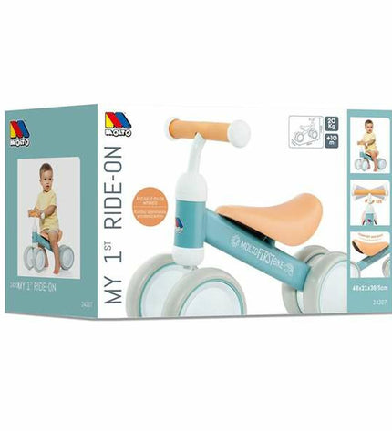 Blue Moltó baby tricycle toy, featuring a small plastic ride-on with wheels, designed for children's outdoor play.