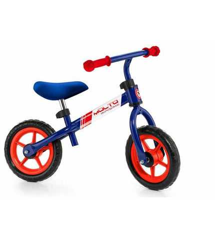 Blue Moltó Minibike children's bicycle with training wheels, outdoors, featuring a sturdy frame and colorful design.