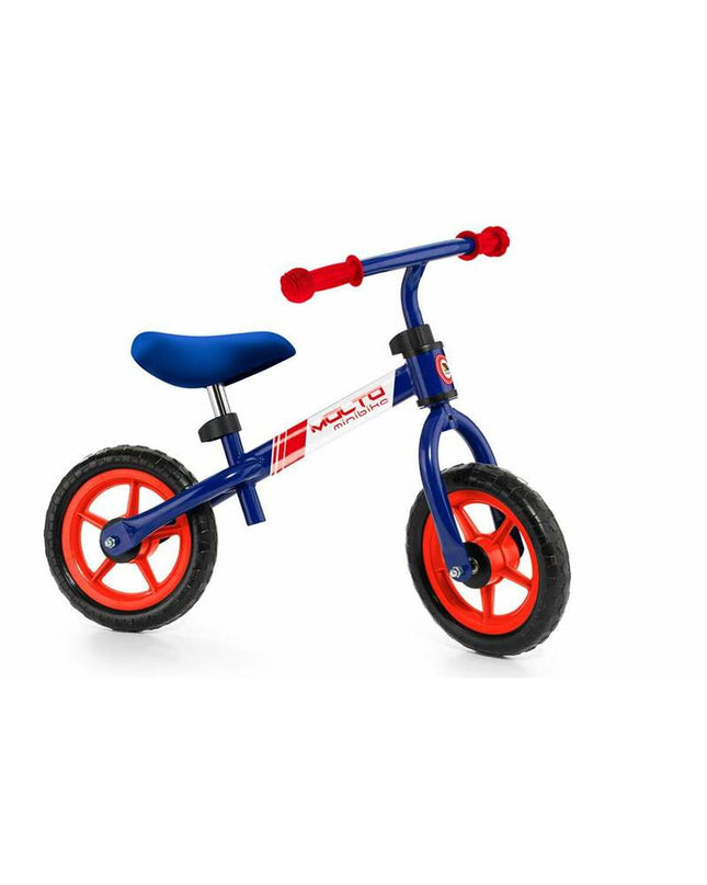 Blue Moltó Minibike children's bicycle with training wheels, outdoors, featuring a sturdy frame and colorful design.