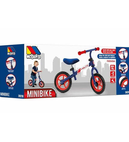 Blue Moltó Minibike children's bicycle with training wheels, colorful plastic frame and handlebars, suitable for young kids.