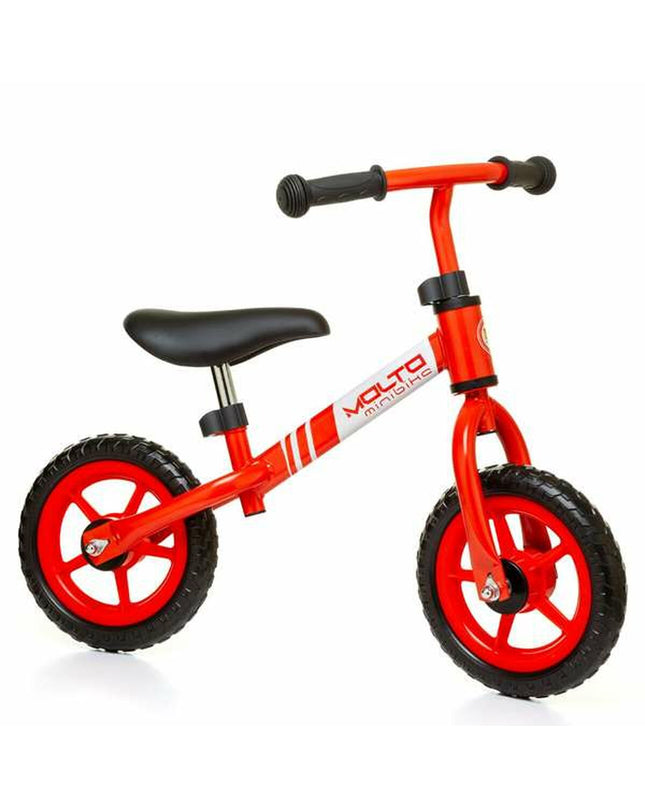 Red Moltó kids' bicycle with training wheels, suitable for outdoor play and children's sports activities.