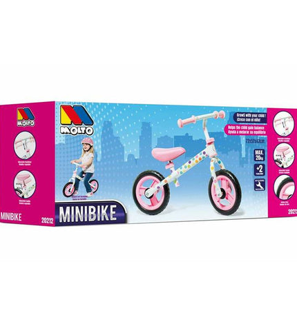 Pink balance bike for kids by Moltó, featuring a lightweight frame and no pedals, ideal for outdoor play and learning balance.