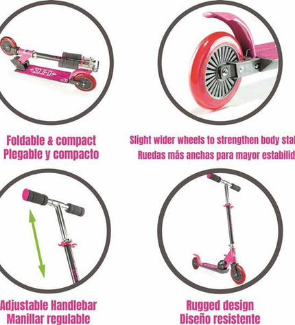 Pink Moltó child scooter with metal and plastic construction, adjustable 72-77 cm handlebar for urban mobility and outdoor sports.