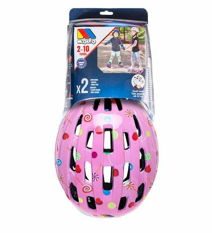 Pink Moltó children's bike helmet for sports and outdoor riding, featuring ventilation and adjustable straps.