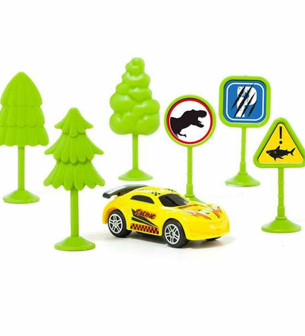 Moltó dinosaur race track toy set with 17 pieces for children, featuring colorful dinosaur-themed vehicles and track segments.