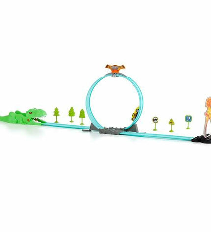 Moltó Dinosaur Race Track Toy with 17 pieces, 107 cm long, featuring colorful dinosaur-themed vehicle and track components.
