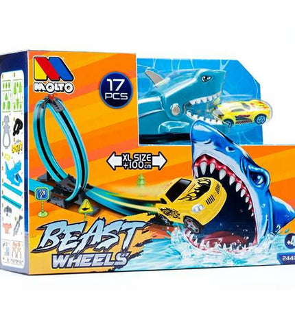 Moltó Racebaan haai speelgoed met 17 onderdelen in blauw en wit, includes race track and vehicle for kids' play.