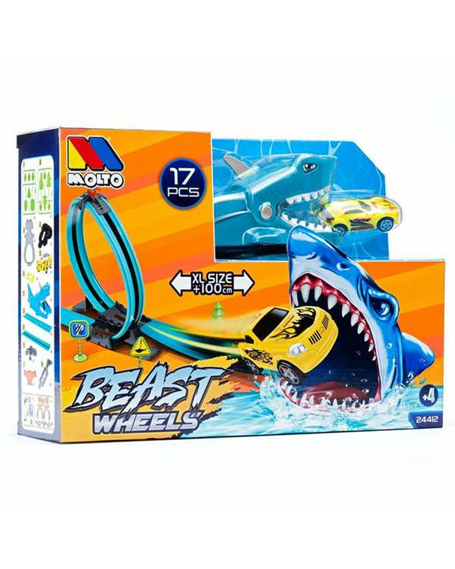 Moltó Racebaan haai speelgoed met 17 onderdelen in blauw en wit, includes race track and vehicle for kids' play.
