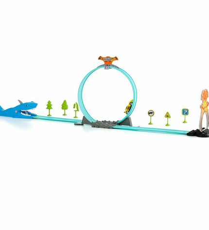 Moltó Shark Race Track set with 17 vehicle pieces, 107 cm long, featuring a colorful shark-themed toy racecourse.