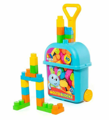 Moltó Bouwspel met blokken speelgoed met 20 onderdelen en trolley, geschikt voor kinderen voor creatief bouwen en spelen.
