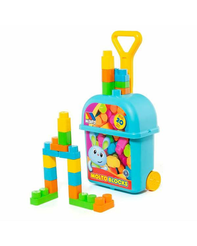 Moltó Bouwspel met blokken speelgoed met 20 onderdelen en trolley, geschikt voor kinderen voor creatief bouwen en spelen.