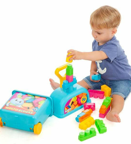 Moltó building toy set with 20 colorful blocks and trolley for imaginative play and construction fun.