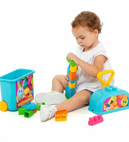 Moltó bouwspel met 20 blokken en trolley, speelgoed en games voor creatieve kinderen, kleurrijke bouwstenen en draagbare trolley