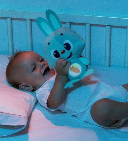 Turquoise Moltó Gusy Baby Bunny plush toy with sound, soft cuddly bunny for babies, 7.5 cm tall, ideal for play and comfort
