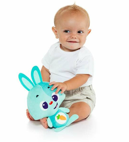 Turquoise Moltó Gusy luz baby bunny plush toy with sound, 7.5 cm soft stuffed animal for children.