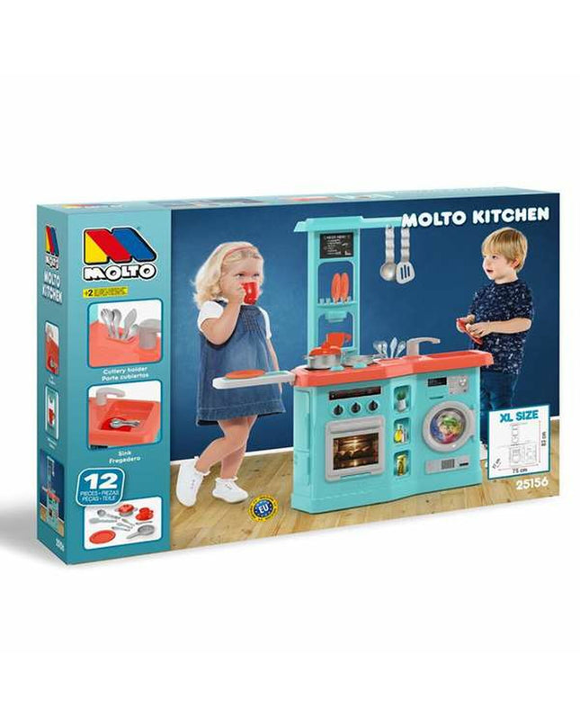 Moltó toy kitchen playset with stove, sink, and countertop, measuring 82 x 56 x 28 cm for imaginative cooking games.