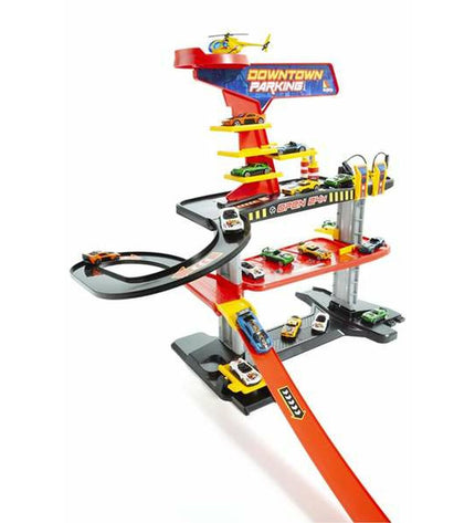 Moltó toy parking garage with colorful vehicles, including cars and trucks, in a detailed playset for children.