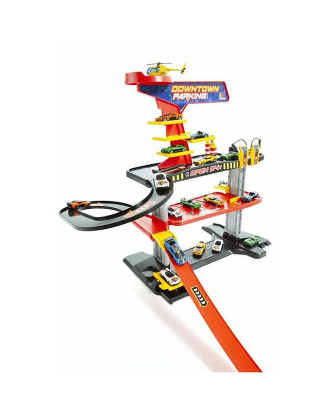 Moltó toy parking garage with colorful vehicles, including cars and trucks, in a detailed playset for children.