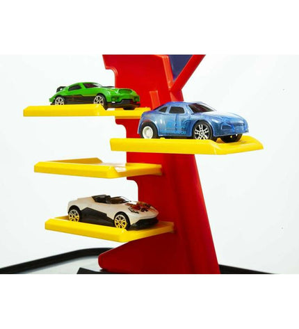 Moltó toy parking garage with colorful vehicles, including cars and trucks, designed for children’s play and imaginative fun.