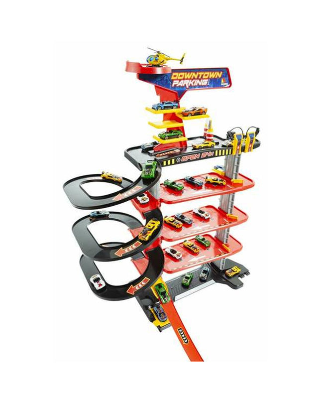 Moltó toy parking garage with colorful vehicles, detailed structure, and multiple levels for kids' play and vehicle storage.